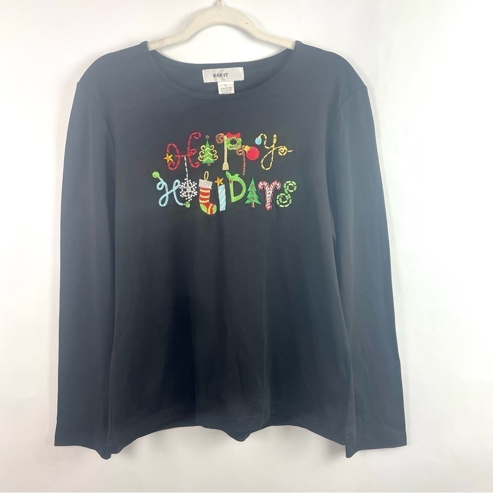 KKit NWT Long‎ Sleeve Fitted "Happy Holidays" Tee Black Multicolor Embroidery L
